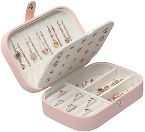 JSBelle Caja de joyería, Caja de cuero del organizador de la joyería del viaje del portable para las pulseras del collar de los pendientes de los anillos (Rosado)