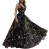 Vestido Largo de Baile Formal, Elegante Vestido Bordado de Flores con Cuello en V sin Mangas de Flores (XL-Negro)