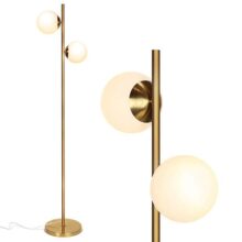 Brightech - Lámpara de pie LED de esfera, moderna y contemporánea de vidrio esmerilado con dos luces, lámpara de pie alto para sala de estar, estudio, oficina, recámara, bombillas incluidas, Moderno, Antique Brass