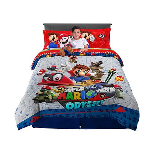 Nintendo Super Mario Odyssey Soft Microfiber Comforter, Sheets and Plush Cuddle Pillow Kids Bedding Set, Full Size 6 Piece Bundle Pack
