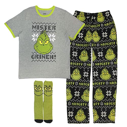 MJC International - Conjunto de Pijama de 3 Piezas para Hombre (Camiseta, Pantalones de Forro Polar, Calcetines a Juego), The Grinch, Small