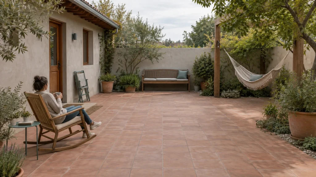 Mecedora en uso, silla plegable, banca y hamaca en un patio residencial.