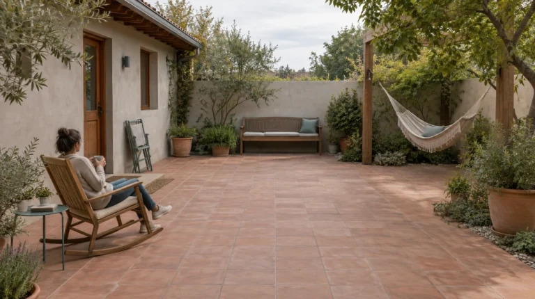 Mecedora en uso, silla plegable, banca y hamaca en un patio residencial.
