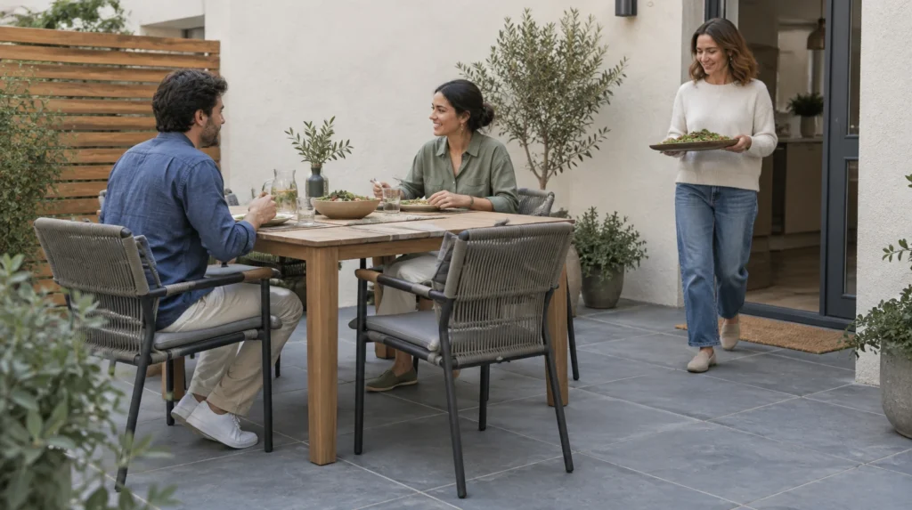 Personas comen en una mesa de jardín mientras otra pasa con un platón junto a las sillas.