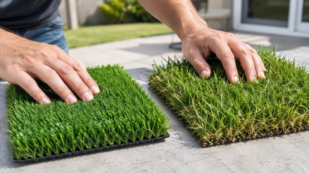 Manos comparan al tacto muestras de pasto sintético y césped cultivado en un patio.