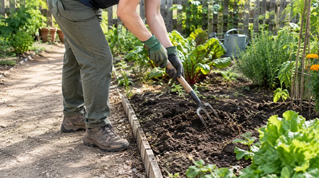 Persona con guantes trabajando la tierra de un bancal junto a un sendero de jardín.