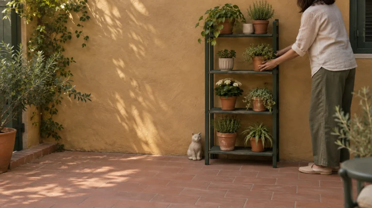 Una persona acomoda macetas en un estante junto a una figura decorativa en un patio con el paso despejado.