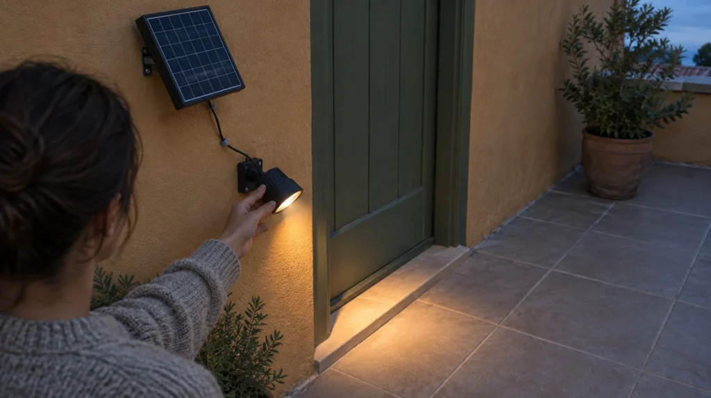 Una persona orienta un foco solar exterior conectado a un panel visible, que ilumina el umbral de un patio.