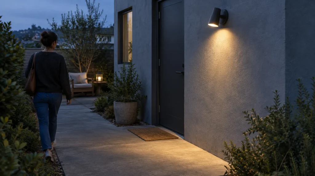 Un foco exterior ilumina el acceso de una vivienda mientras un farol aporta luz suave a la estancia del fondo.