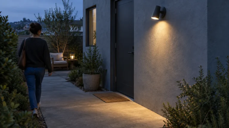 Un foco exterior ilumina el acceso de una vivienda mientras un farol aporta luz suave a la estancia del fondo.