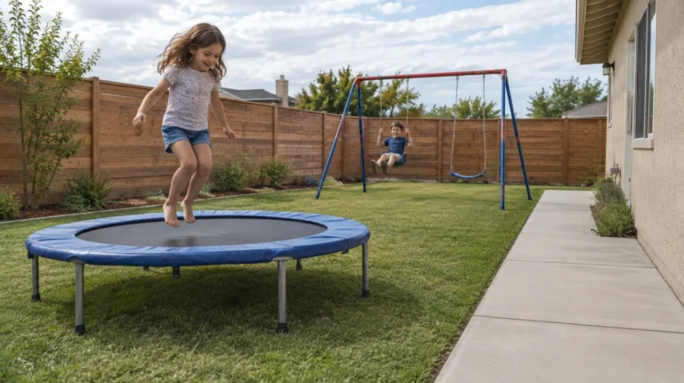 Niños usan un trampolín y un columpio en un jardín con espacio libre para circular.