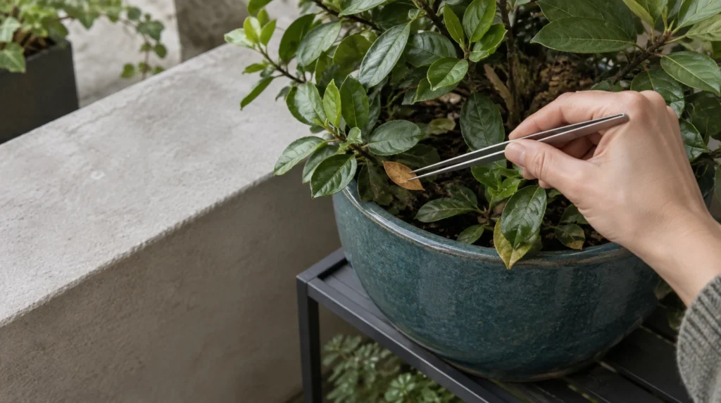 Una mano usa pinzas de jardinería para retirar una hoja pequeña entre las plantas de una maceta.