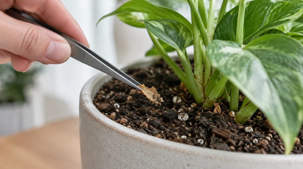 Mano que usa pinzas de jardinería para retirar un pequeño fragmento vegetal del sustrato de una planta.