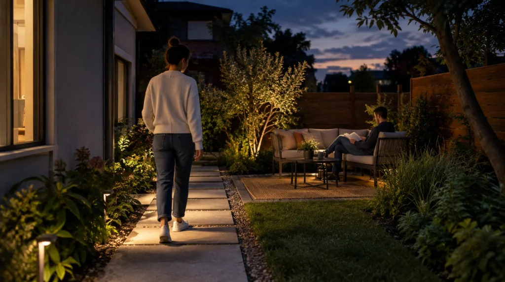 Una persona recorre un exterior al anochecer, con el sendero iluminado y una zona de asiento bajo luz ambiental suave.