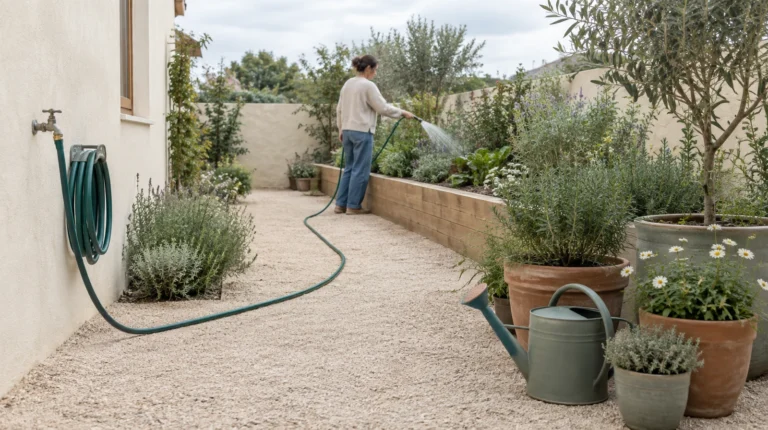 Una persona riega con manguera las plantas del fondo mientras una regadera queda junto a las macetas del patio.
