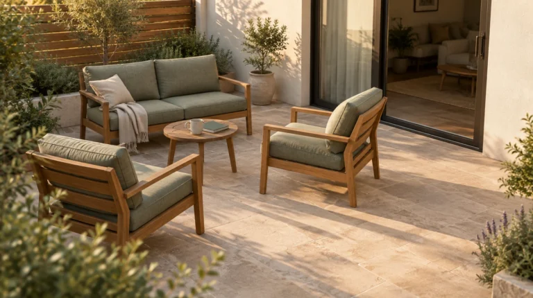 Sala de jardín con sofá, sillones y mesa de apoyo en un patio con espacio libre para pasar.