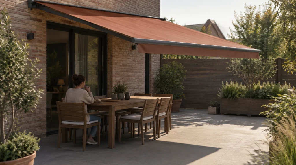Toldo de tela dando sombra a una mesa en una terraza residencial.