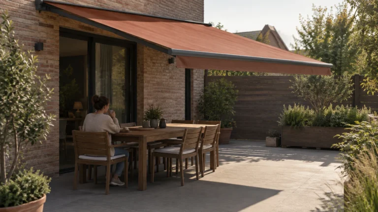 Toldo de tela dando sombra a una mesa en una terraza residencial.