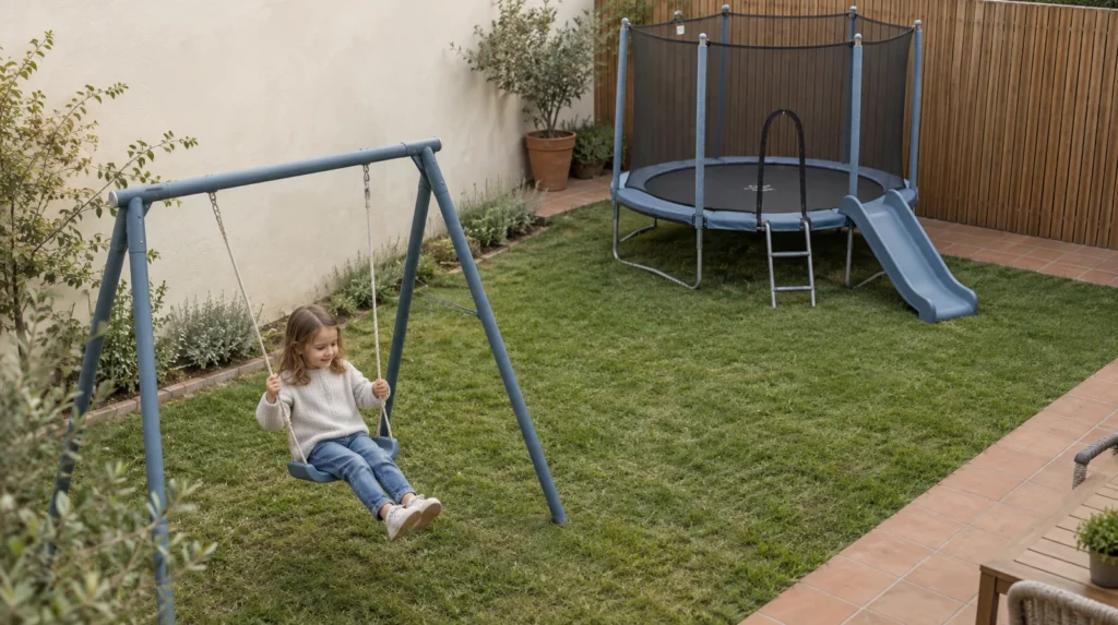 Un niño se mece en un columpio mientras un trampolín con juego integrado se ve al fondo del jardín.